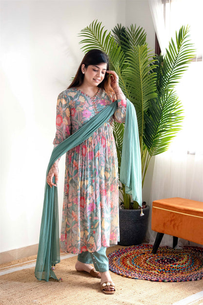 Green Colour Floral Alia Cut Party Wear Embroidery With Mirror Work Kurta With Pant And Duppata Set