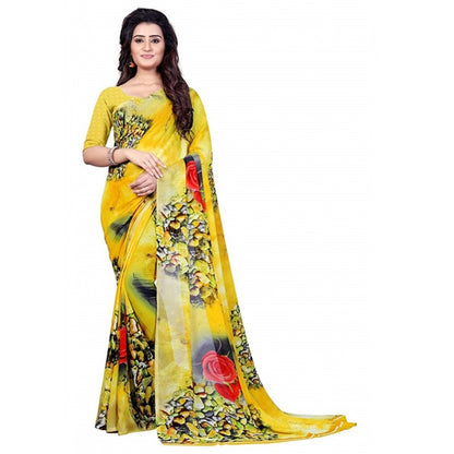 Printed Faux Georgette Yellow Color Saree