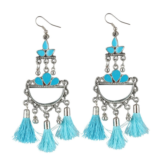 Roneclick Women's Oxidized Silver plated Firoji Tassels Earrings-silver, Blue