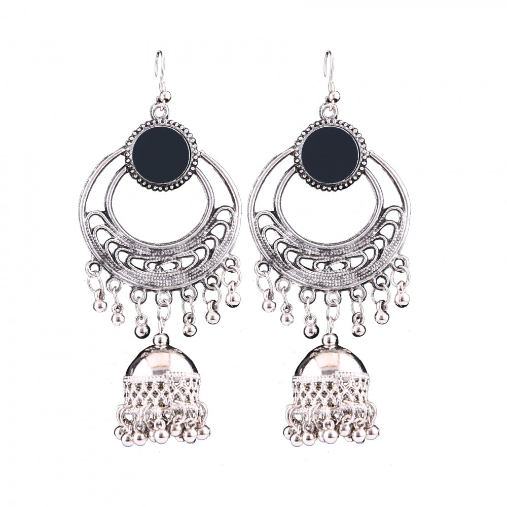 Roneclick Women's Silver Oxidized Hook Dangler Hanging Afgani Tribal Fancy Earrings-Silver