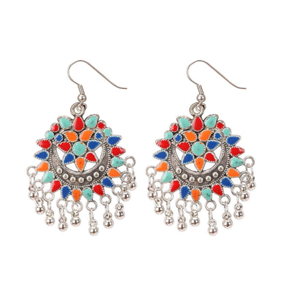 Roneclick Women's Oxidize Silver plated Hook Dangler Hanging Afgani Earrings-Multicolour