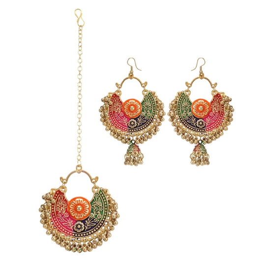 Roneclick Women's Gold Oxidized Earrings and Maang Tikka-Multi