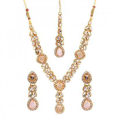 Gold Plated Traditional Kundan Necklace Set with Earrings and Maang Tikka