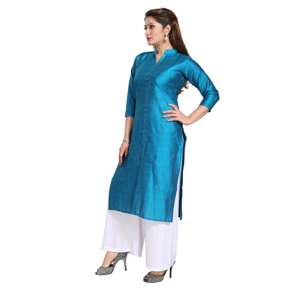 Roneclick Women's Silk Self Pattern Straight Kurti-Blue