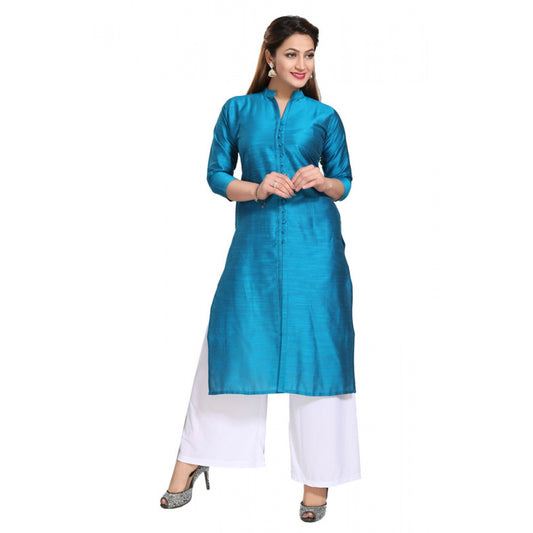 Roneclick Women's Silk Self Pattern Straight Kurti-Blue