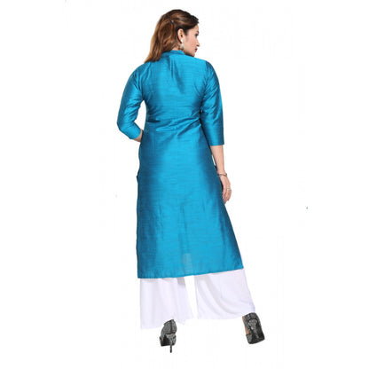 Roneclick Women's Silk Self Pattern Straight Kurti-Blue