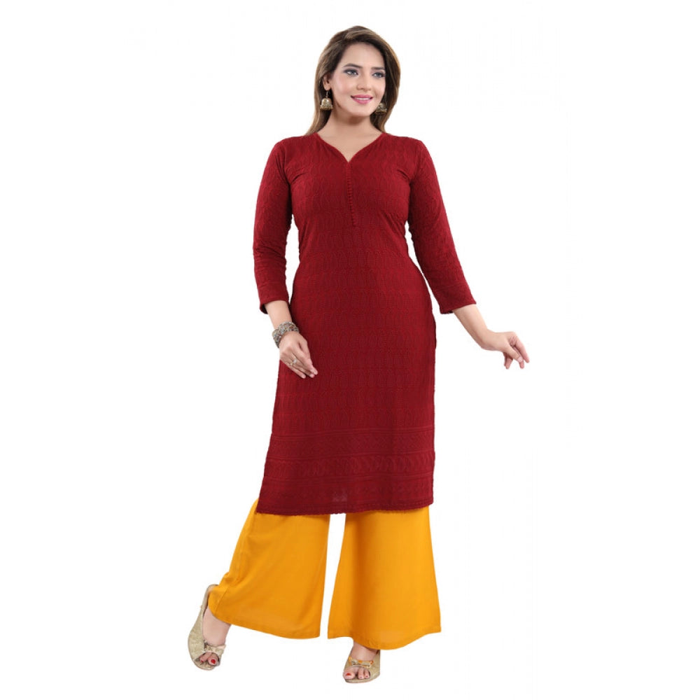 Roneclick Women's Rayon Embroidered Straight Kurti-Maroon