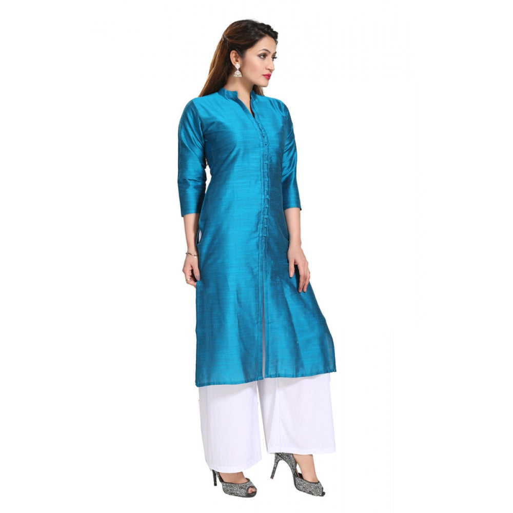 Roneclick Women's Silk Self Pattern Straight Kurti-Blue