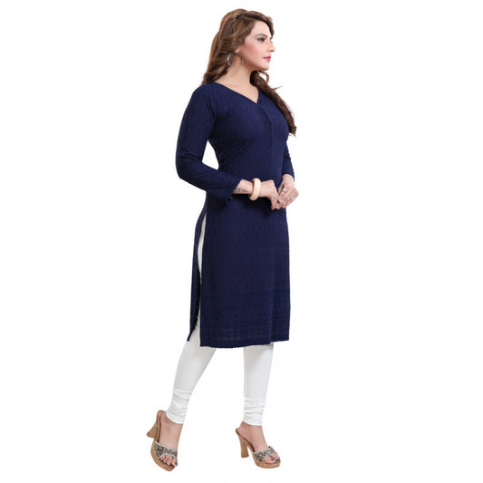 Roneclick Women's Rayon Embroidered Straight Kurti-Navy Blue