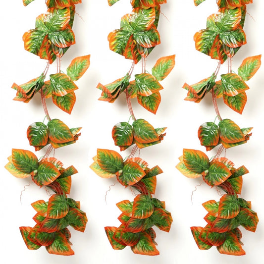 Roneclick Pack Of 5 Silk Polyester Artificial Shaded Orange Green Leaf Vine Hanging Garland Foliage Flowers Leaf Plants For Wall Decoration (Color: Orange-Green,Length: 15 Feet)