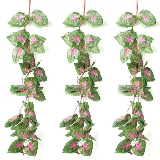 Roneclick Pack Of 3 Silk Polyester Artificial Shaded Pink Green Leaf Vine Hanging Garland Foliage Flowers Leaf Plants For Wall Decoration (Color: Pink-Green,Length: 15 Feet)