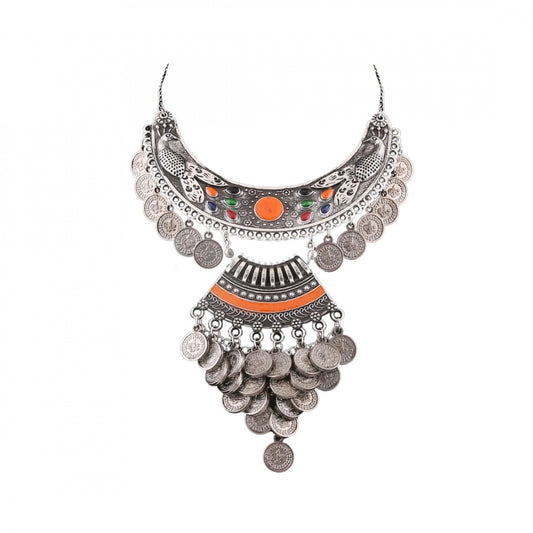 Roneclick Designer Oxidised German Silver Tribal Necklace Pandeant Antique Necklace (Color: Silver)