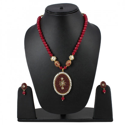 Roneclick Women's Stylish Maroon Golde Plated Traditional Kundan Necklace Set with Earrings (Color: Red)