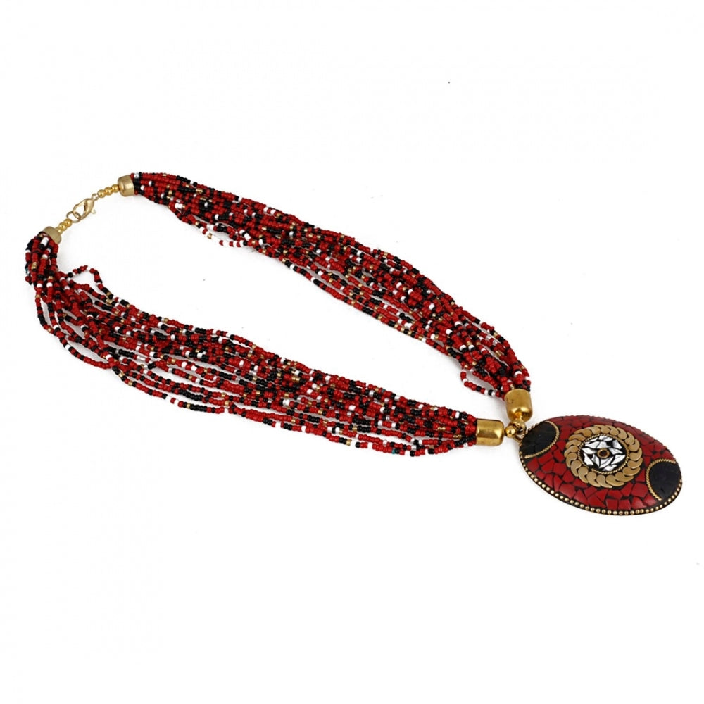 Roneclick Women's Multicolor Tibetan Style Beads Necklace (Color: Red)