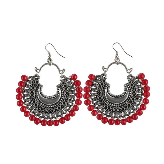 Roneclick Women's Silver Plated Hook Dangler Hanging Beads Earring (Color: Red)