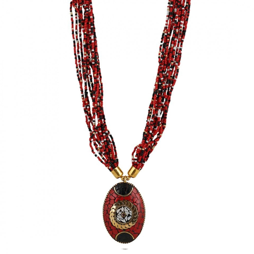 Roneclick Women's Multicolor Tibetan Style Beads Necklace (Color: Red)