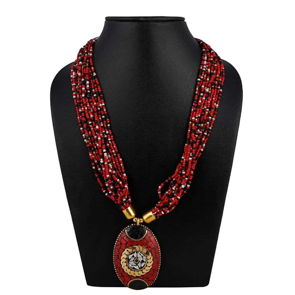 Roneclick Women's Multicolor Tibetan Style Beads Necklace (Color: Red)