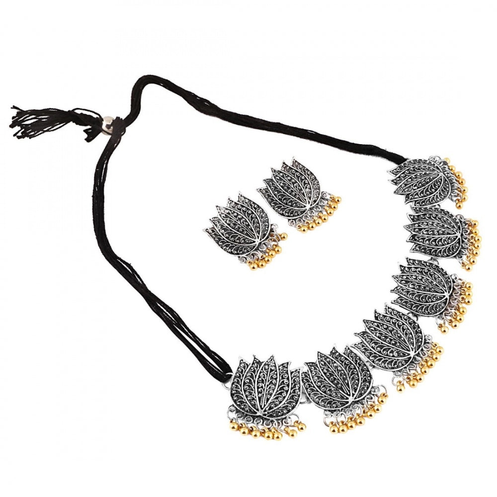 Roneclick Antique Silver Oxidised Plated Tribal Afghani Necklace With Earrings Set For Women