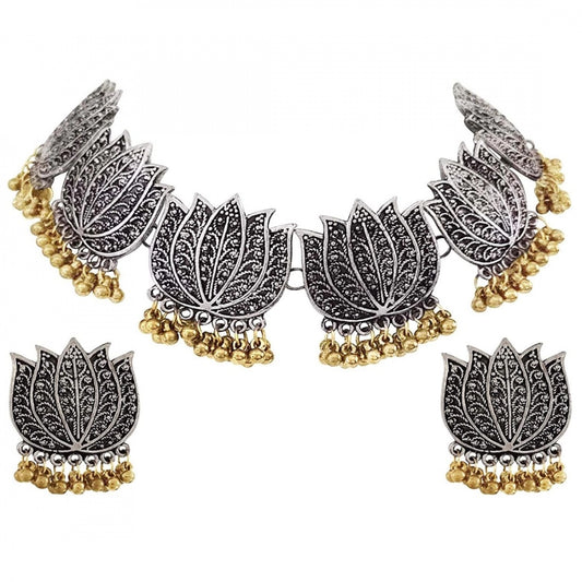 Roneclick Antique Silver Oxidised Plated Tribal Afghani Necklace With Earrings Set For Women