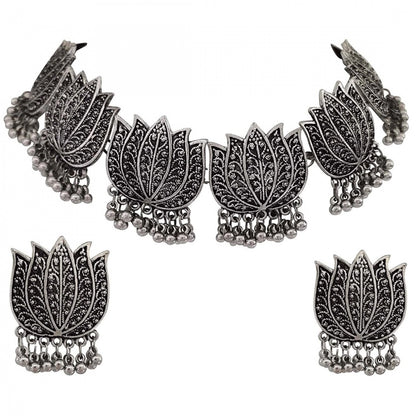 Roneclick Antique Silver Oxidised Tribal Afghani Necklace With Earrings Set For Women