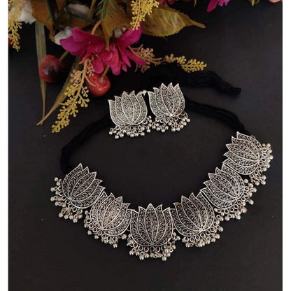 Roneclick Antique Silver Oxidised Tribal Afghani Necklace With Earrings Set For Women