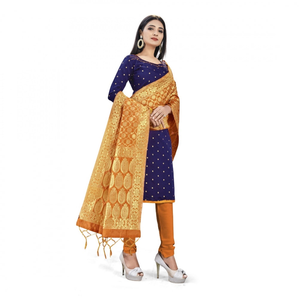 Roneclick Banarasi Silk Unstitched Salwar-Suit Material Premium Quality With Dupatta (Color: Navy Blue)