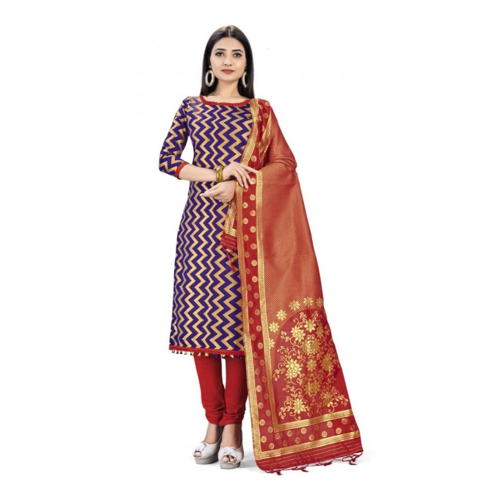 Roneclick Banarasi Silk Unstitched Salwar-Suit Material Premium Quality With Dupatta (Color: Navy Blue)