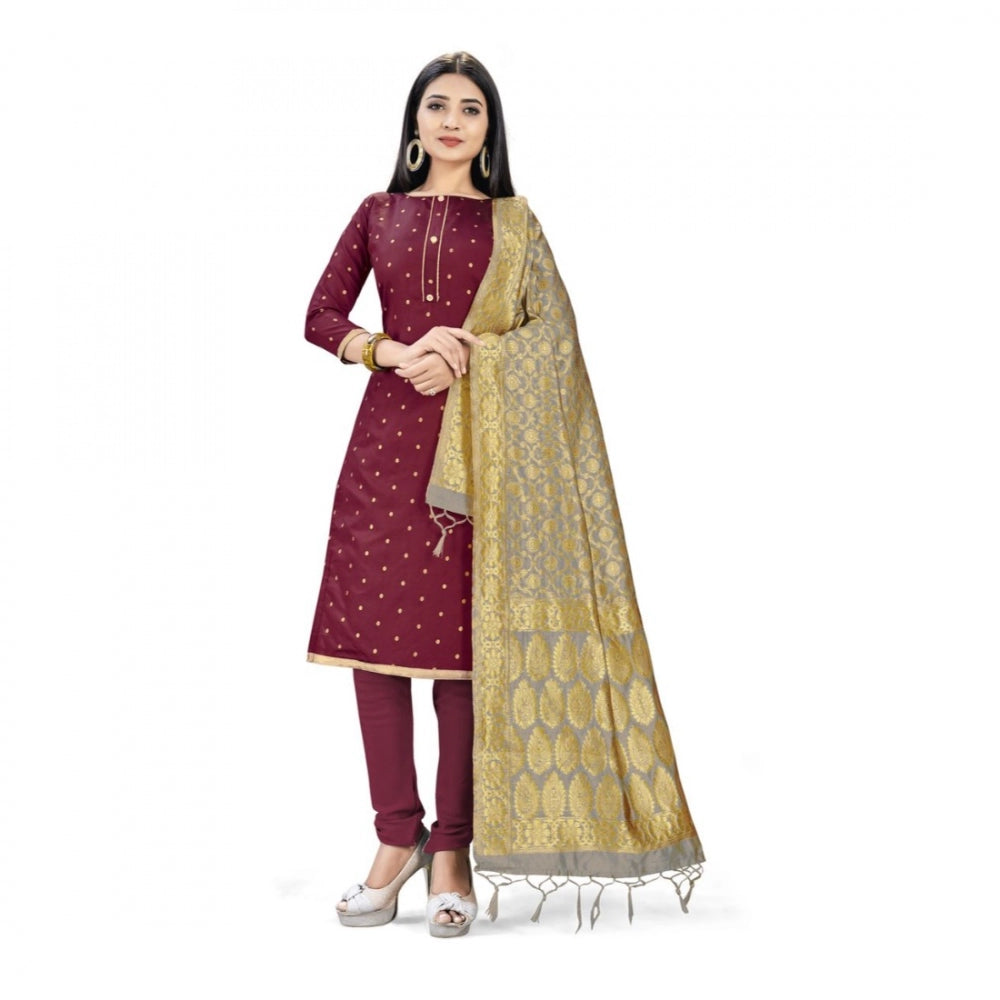 Roneclick Banarasi Silk Unstitched Salwar-Suit Material Premium Quality With Dupatta (Color: Maroon)