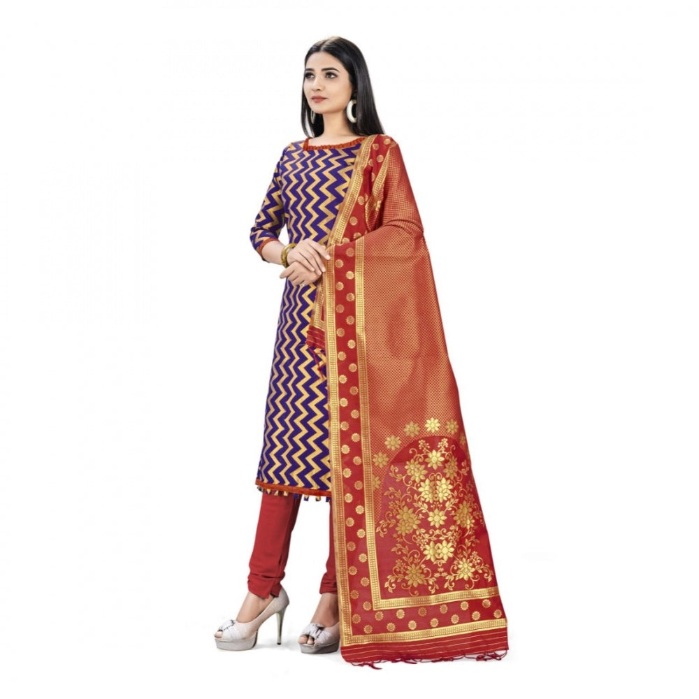 Roneclick Banarasi Silk Unstitched Salwar-Suit Material Premium Quality With Dupatta (Color: Navy Blue)