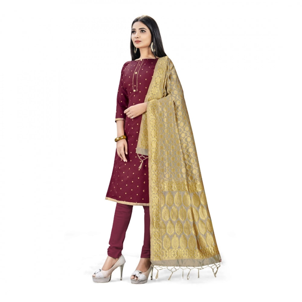 Roneclick Banarasi Silk Unstitched Salwar-Suit Material Premium Quality With Dupatta (Color: Maroon)