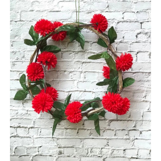 Roneclick Artificial Red Chrysanthemum Dahlia Flower Vine Creeper With Big Green Leaves For Home Decoraton (Color: Red, Material: Silk Polyester)