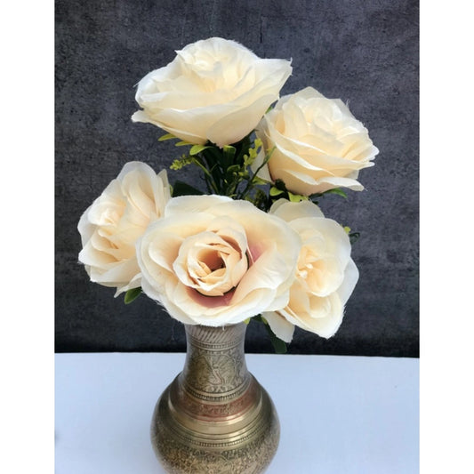 Roneclick Artificial Flowers Bunch Bouquet Of 5 Champagne Roses For Home Decoration (Color: Cream, Material: Silk Polyester)