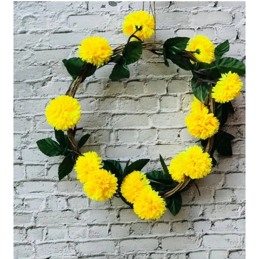 Roneclick Artificial Yellow Chrysanthemum Dahlia Flower Vine Creeper With Big Green Leaves For Home Decoraton (Color: Yellow, Material: Silk Polyester)