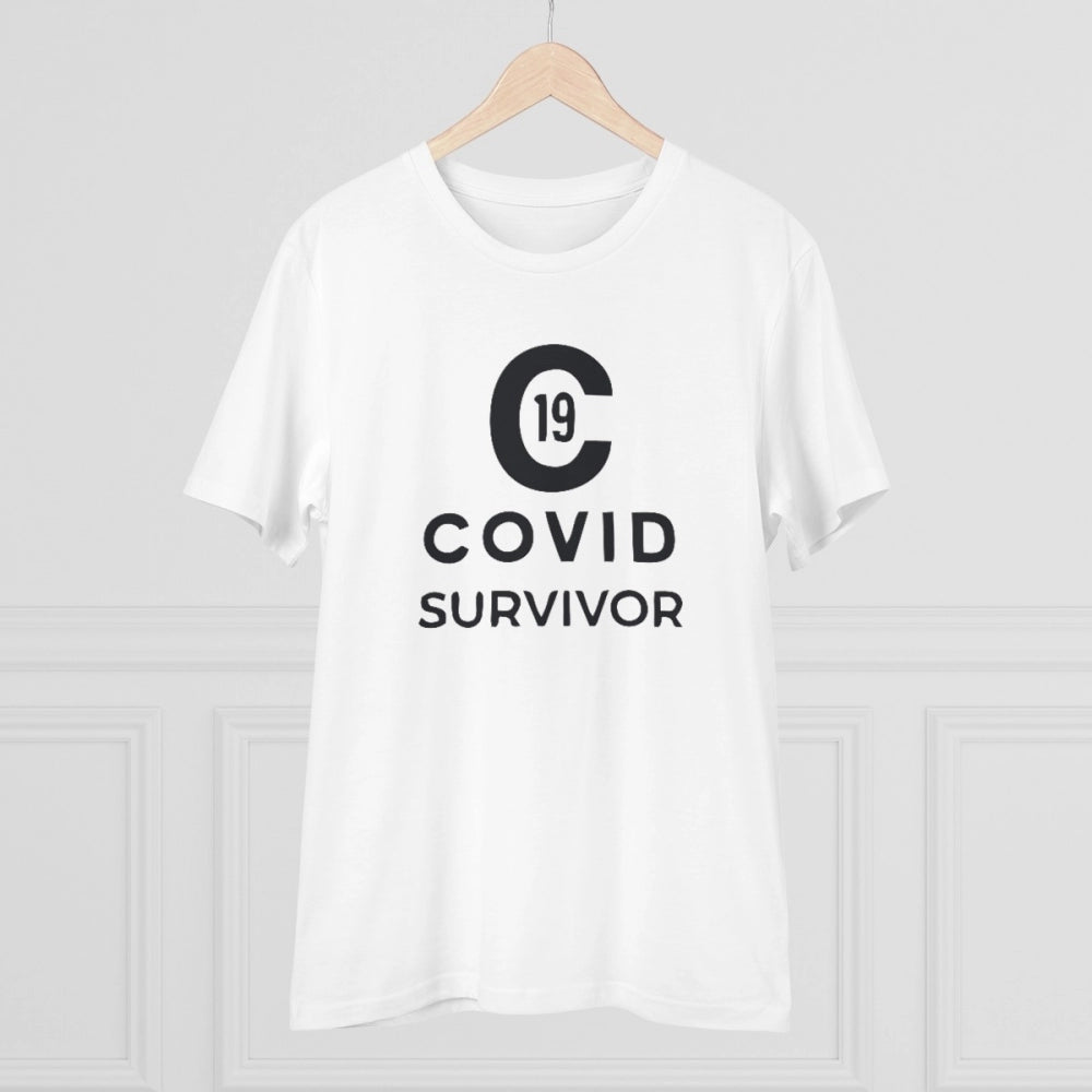 Roneclick Men's PC Cotton Covid 19 Survivor Printed T Shirt (Color: White, Thread Count: 180GSM)