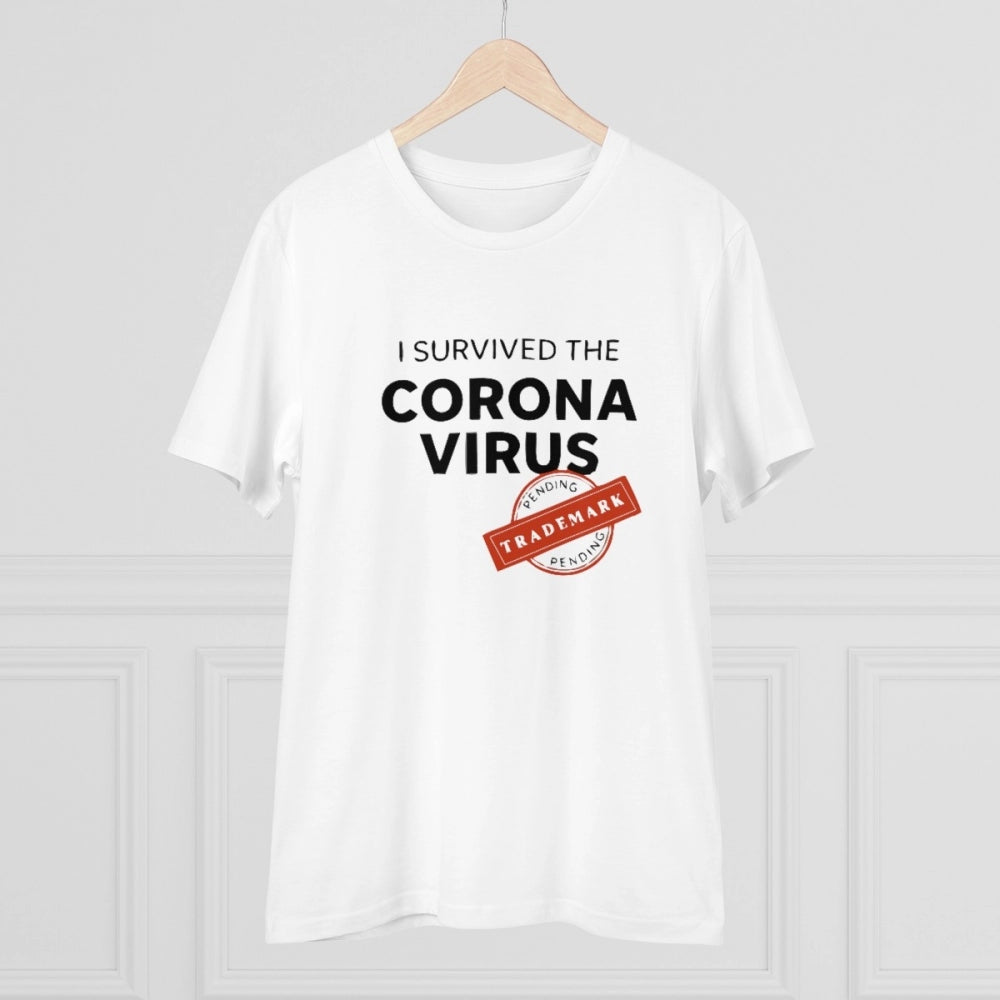 Roneclick Men's PC Cotton I Survived Corona Virus Printed T Shirt (Color: White, Thread Count: 180GSM)