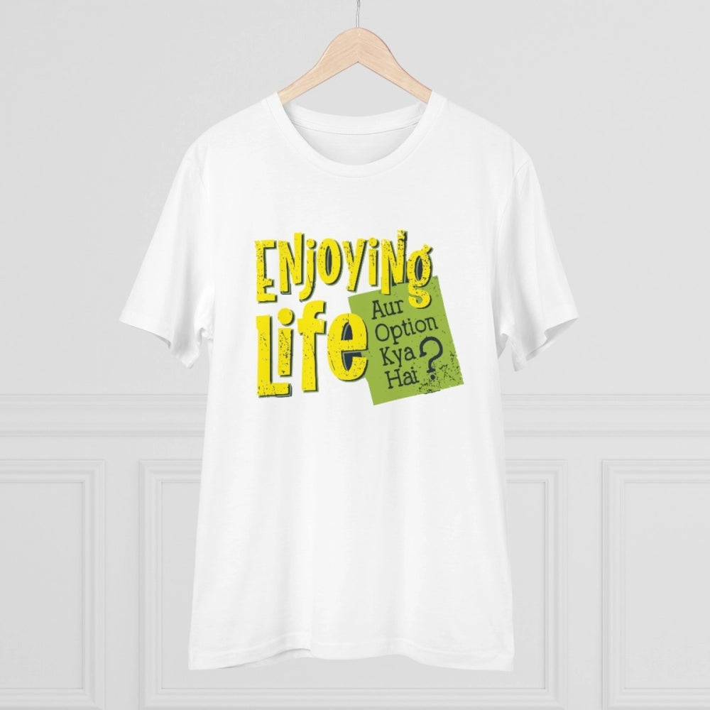 Roneclick Men's PC Cotton Enjoying Life Printed T Shirt (Color: White, Thread Count: 180GSM)