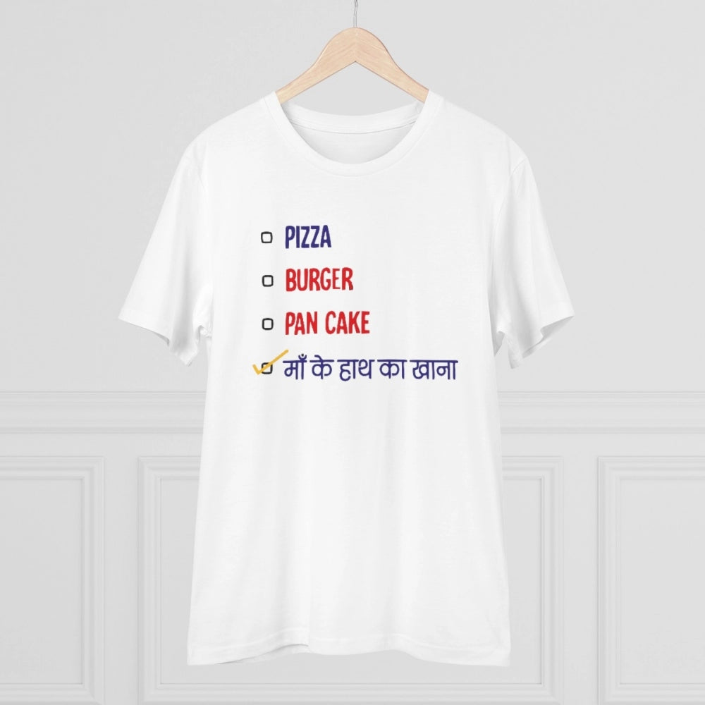 Roneclick Men's PC Cotton Pizza Burger Pan Cake Maa Ke Hath Ka Khana Printed T Shirt (Color: White, Thread Count: 180GSM)