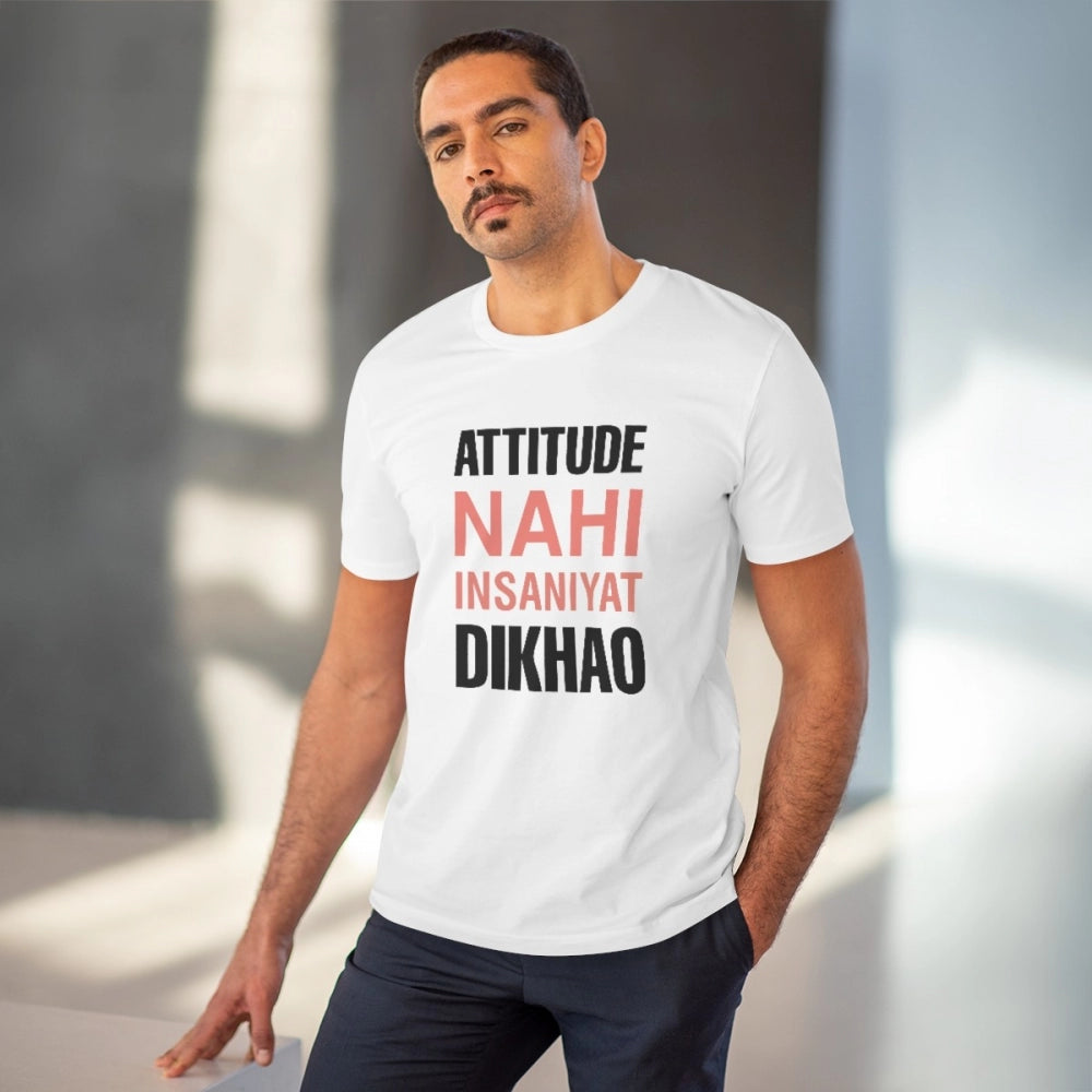 Roneclick Men's PC Cotton Attitude Nahi Insaniyat Dikhao Printed T Shirt (Color: White, Thread Count: 180GSM)