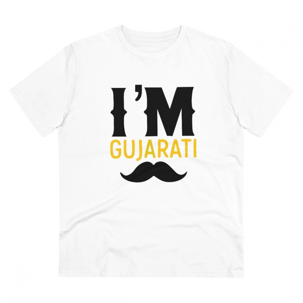 Roneclick Men's PC Cotton I Am Gujarati Printed T Shirt (Color: White, Thread Count: 180GSM)