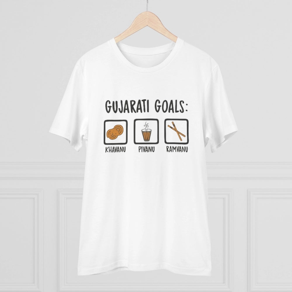 Roneclick Men's PC Cotton Gujarati Goals Printed T Shirt (Color: White, Thread Count: 180GSM)