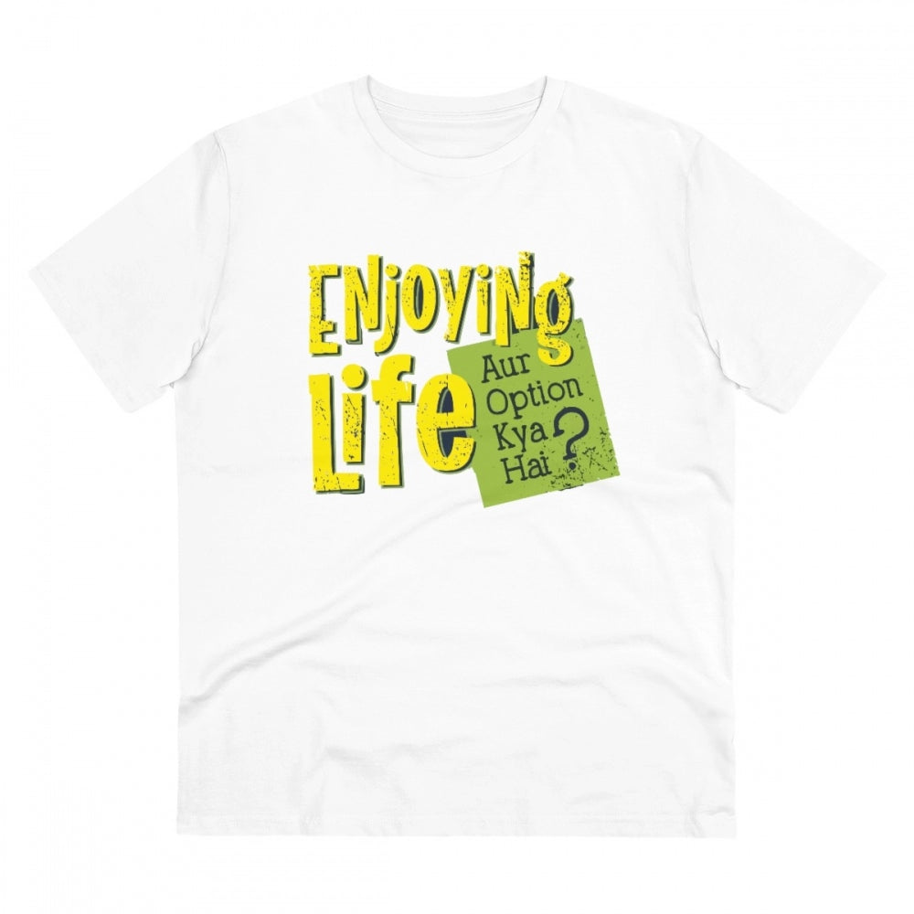 Roneclick Men's PC Cotton Enjoying Life Printed T Shirt (Color: White, Thread Count: 180GSM)