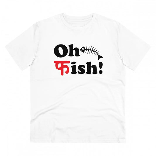 Roneclick Men's PC Cotton Oh Fish Printed T Shirt (Color: White, Thread Count: 180GSM)