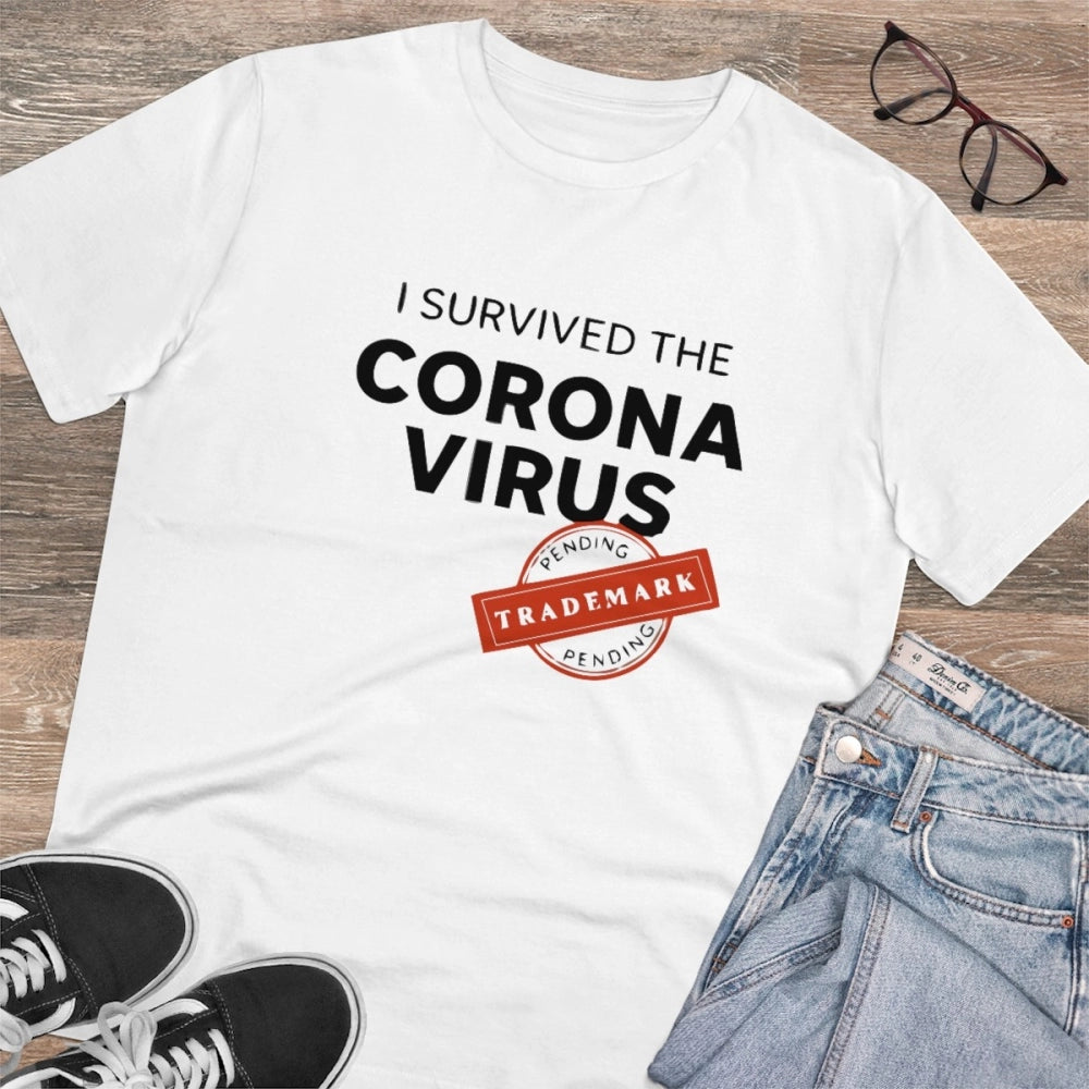 Roneclick Men's PC Cotton I Survived Corona Virus Printed T Shirt (Color: White, Thread Count: 180GSM)