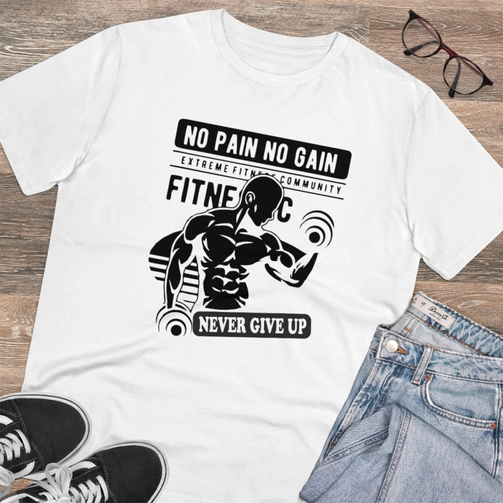 Roneclick Men's PC Cotton Gym No Pain No Gain Never Give Up Printed T Shirt (Color: White, Thread Count: 180GSM)