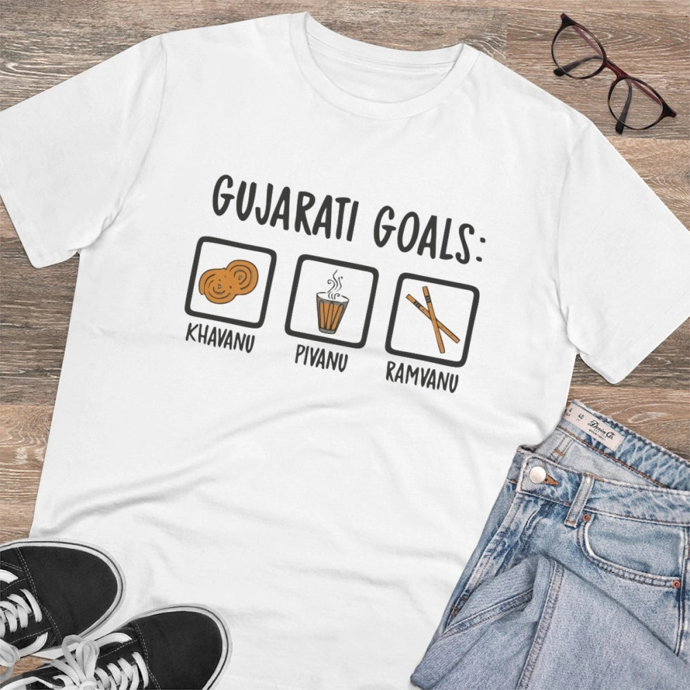 Roneclick Men's PC Cotton Gujarati Goals Printed T Shirt (Color: White, Thread Count: 180GSM)