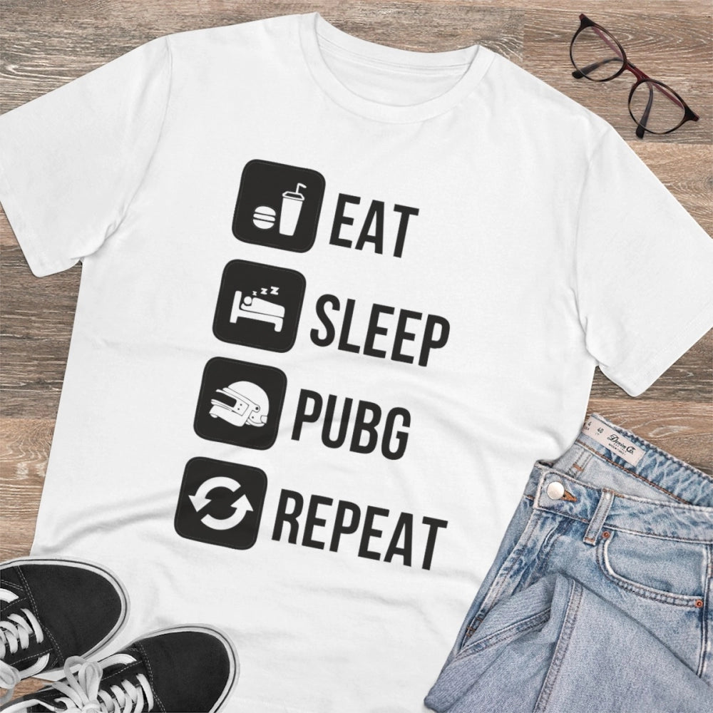 Roneclick Men's PC Cotton Eat Sleep Pubg Repeat Printed T Shirt (Color: White, Thread Count: 180GSM)