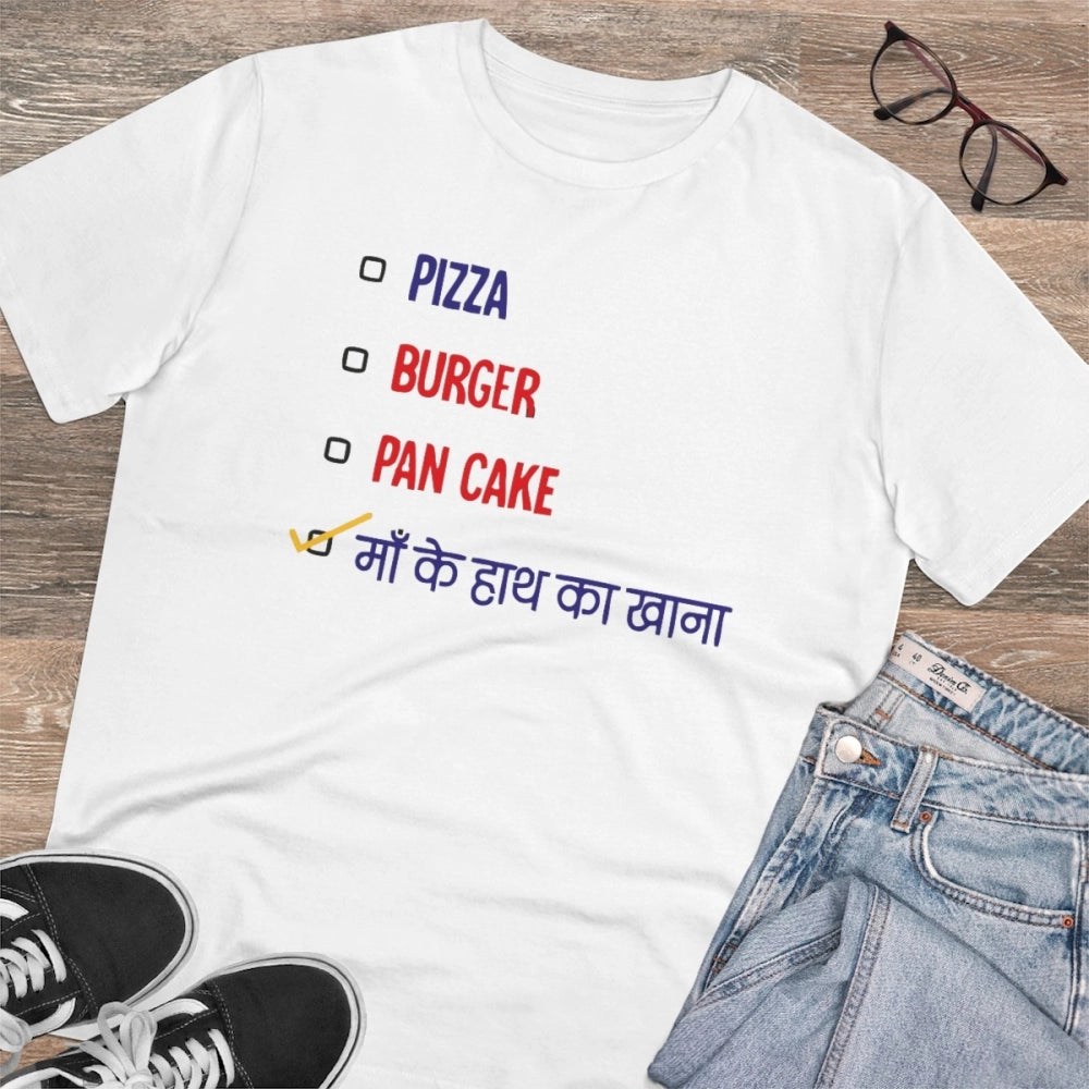 Roneclick Men's PC Cotton Pizza Burger Pan Cake Maa Ke Hath Ka Khana Printed T Shirt (Color: White, Thread Count: 180GSM)