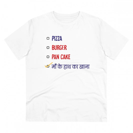 Roneclick Men's PC Cotton Pizza Burger Pan Cake Maa Ke Hath Ka Khana Printed T Shirt (Color: White, Thread Count: 180GSM)