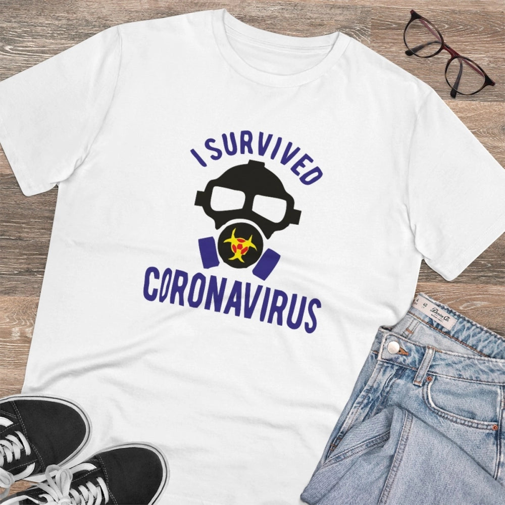 Roneclick Men's PC Cotton I Survived Coronavirus Printed T Shirt (Color: White, Thread Count: 180GSM)