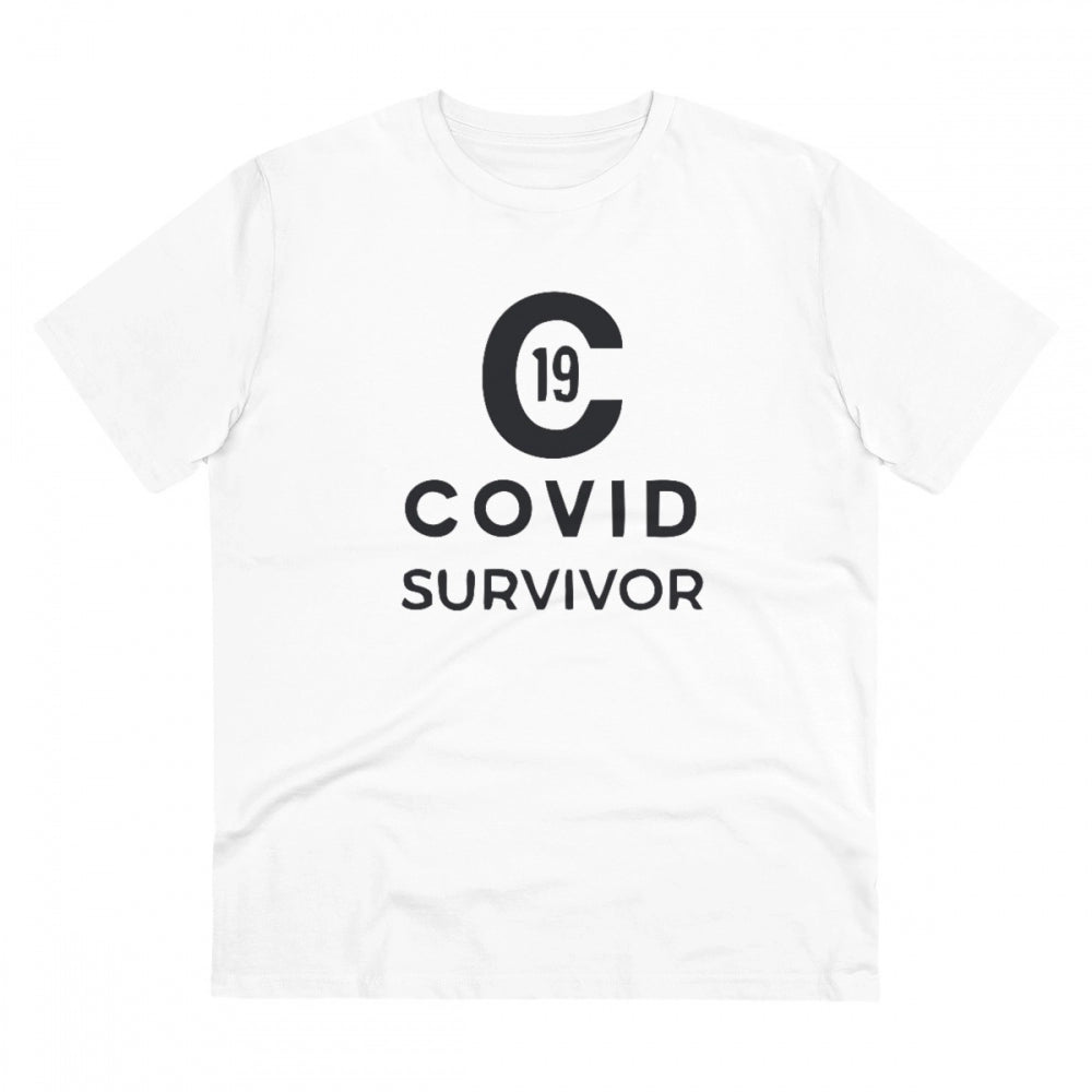 Roneclick Men's PC Cotton Covid 19 Survivor Printed T Shirt (Color: White, Thread Count: 180GSM)